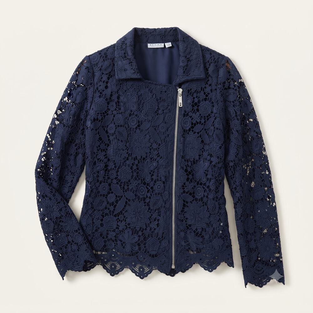 Susan Graver Womens S Romantic Vixen Edgy Lace Puff Shoulder Moto Zip Jacket